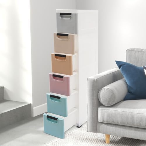 Slim 6 Drawers Storage Cabinet for Narrow Space, PP Storage Tower with 77 lbs Capacity, for Home Office Bedroom Living Room, 15.7" W x 7.9" D x 39.4" H (Multicolor)