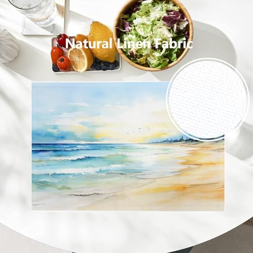 Batmerry Beach Scene Linen Placemats Set of 4, Serene Ocean View Washable Table Mats for Kitchen Table Thickened Heat Insulation Dining Set Indoor Outdoor 12X18 in