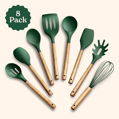 Country Kitchen Non Stick Silicone Utensil Set with Rounded Wood Handles for Cooking and Baking, 8 Piece Set, Green