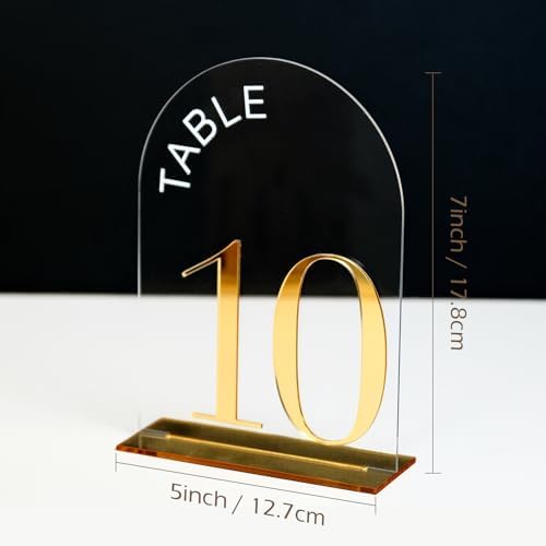 Clear Arch Wedding Table Numbers 1-10, Gold Numbers and Stands