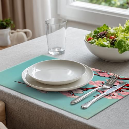 Batmerry Shabby Chic Cherry Blossom Linen Placemats Set of 8, Artistic Floral Illustration Washable Table Mats for Kitchen Table Thickened Heat Insulation Dining Set Indoor Outdoor 12X18 in
