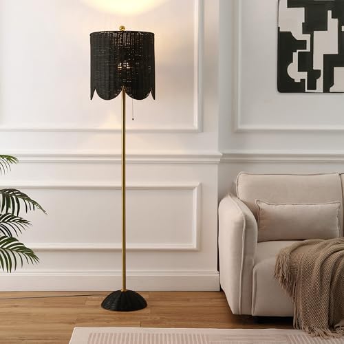 JONATHAN Y Joel Scalloped Rattan Floor Lamp 63.5", Black/Brass Gold
