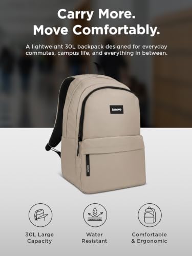 Lenovo 16-inch Commuter Backpack B10, Lightweight 30L Laptop Backpack, Water-Resistant Travel Bag with 6 Storage Compartments, Anti-Theft Pocket & Luggage Strap, Fits Up to 16" Laptop, Khaki