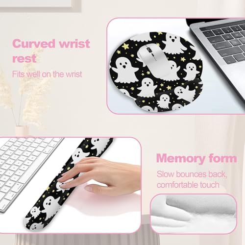Halloween Ghosts Keyboard Wrist Rest Pad Mouse Pad Set,Ergonomic Mousepad Wrist Support Memory Foam Desk Pad for Gaming Office,Non-Slip Rubber Base Easy Typing for Home Office Computers