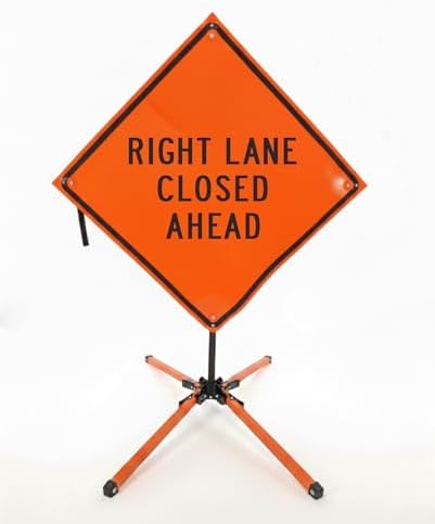 Traffic Roll-Up Sign Kit with Stand – Collapsible Safety Sign & Heavy-Duty Portable Stand, High Visibility, Easy Setup (Right Lane Closed Ahead, Non-reflective)