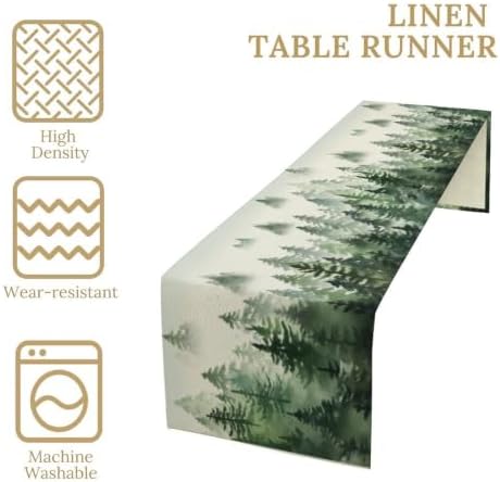 Watercolor Green Pine Trees Table Runner, Forest Woodland Tabletop Scarf Home Kitchen Holiday Decor, Seasonal Farmhouse Rustic Dining Decorations Party Supply 13 X 36 Inch