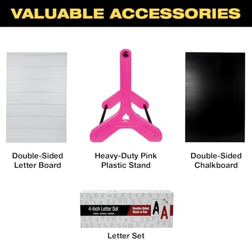 Swinging Changeable Message Sidewalk Sign 24″ x 36″ – Outdoor Advertising Sign Board with 792 Pre-Cut Double-Sided Letters & Storage Box – Heavy-Duty, Rust-Resistant Sidewalk Display for Businesses & Events (Pink Legs)