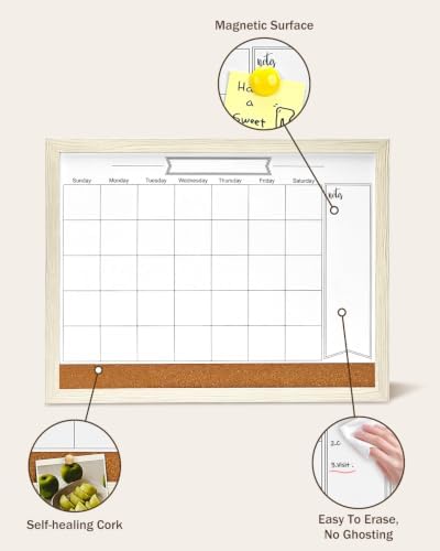 Dry Erase Calendar Whiteboard for Wall, Small Combination Magnetic Dry Erase White Board & Bulletin Board, 13" x 17"，White Frame Calendar/Cork Combo Board(WH-3343)