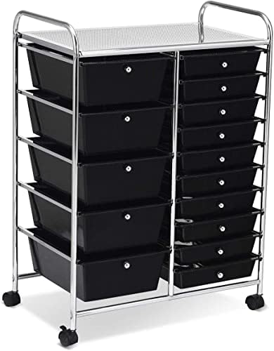 COSTWAY 15 Drawer Rolling Storage Cart, Mobile Utility Cart with Lockable Wheels, Drawers, Multipurpose Organizer Cart for Home, Office, School, Black