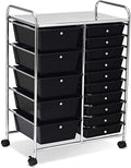 COSTWAY 15 Drawer Rolling Storage Cart, Mobile Utility Cart with Lockable Wheels, Drawers, Multipurpose Organizer Cart for Home, Office, School, Black