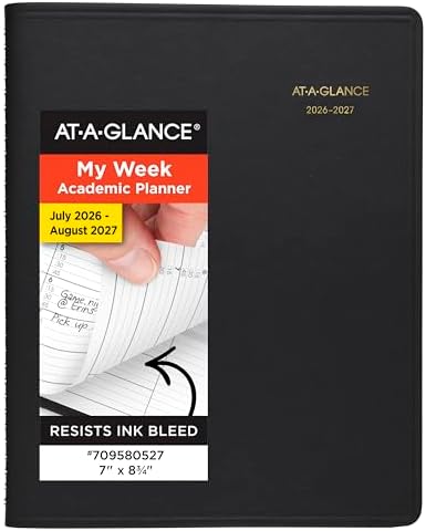 AT-A-GLANCE Planner 2026-2027 Weekly Academic 14-Month July-August, Quarter-Hourly Appointment Book, 7" x 8-3/4", Black (7095805)