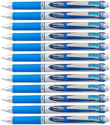 Pentel EnerGel RTX Gel Pens, 0.7 mm Metal Tip, Black/Silver Barrel, Blue Ink, Box of 12 (BL77-C)