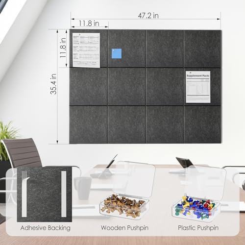 MaxGear Felt Bulletin Board 48" x 36", Dark Gray Felt Wall Tiles Wall Decor