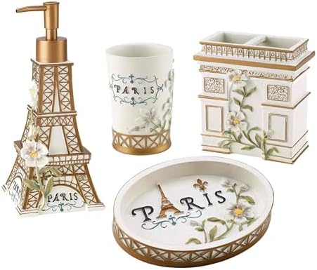 Avanti Linens - Bathroom Set, Hand Painted Resin, Countertop Accessories, Chic Home Decor, Set of 4 (Paris Botanique Collection)