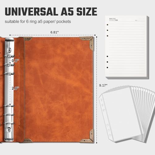 Ovesmusl PU Leather A5 Binder 6 Ring Refillable Journal Cover 6.8”x9.2”