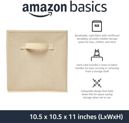 Amazon Basics Collapsible Fabric Storage Cubes Organizer with Handles, Sturdy Storage Bins for Organization, 10.5" x 10.5" x 11", Beige, 6-Pack