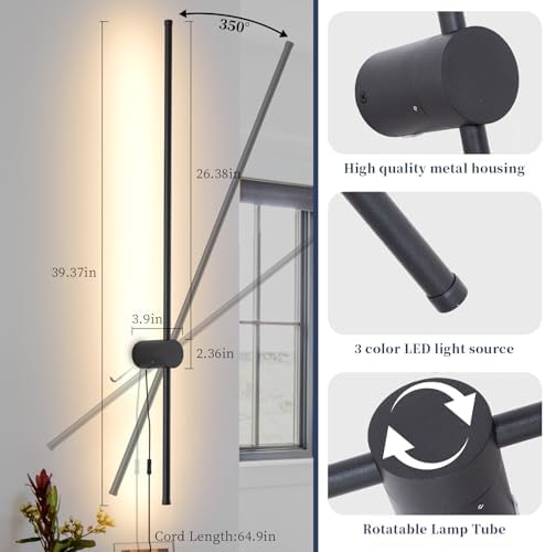 KELUOLY Dimmable Plug in Wall Sconce Set of 2,Black 39.37" LED Wall Light with Remote,Adjustable Color Temperature Brightness,Wall lamp with Timer for Living Room,Bedroom and Accent Lighting