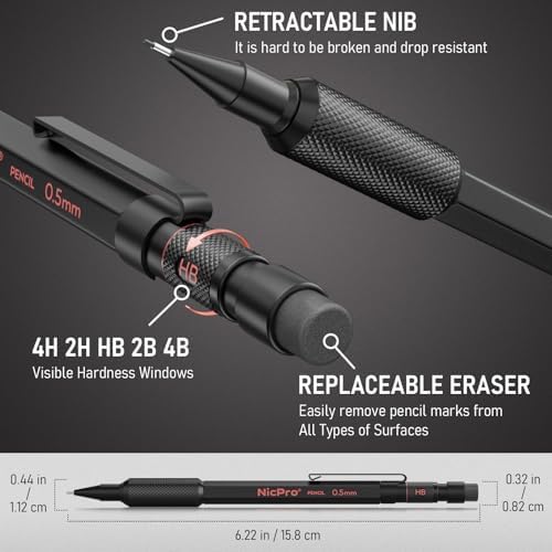 Nicpro 6 PCS Metal Mechanical Pencil Set, Art Drawing Pencil 0.5-2.0MM