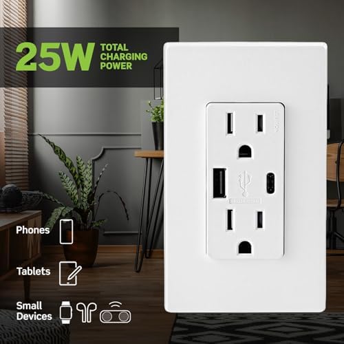 Leviton T5633-GY Type A & Type-C USB In-Wall Charger with 15A Tamper-Resistant Outlet, USB Charger for Smartphones and Tablets. Not for Laptops, Gray