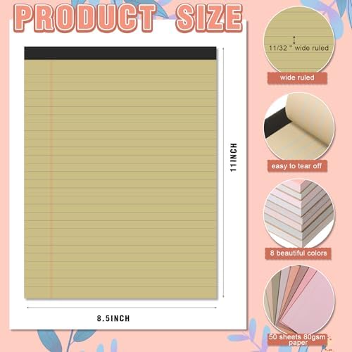 8.5'' x 11'' Colored Legal Pad Writing Wide Ruled, Assorted Colors, 8 Pcs