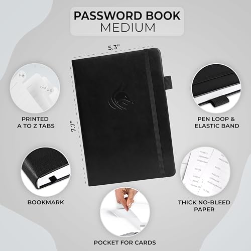 Clever Fox Password Book with Alphabetical Tabs, 5.3"x7.7" Keeper Black