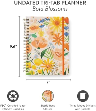 Orange Circle Studio Undated Tri-Tab Planner, Bold Blooms Weekly & Monthly Planner Journal, 7 x 9.6 Spiral Notebook with Stickers, Pockets, Elastic Closure and Lined Notes for Everyday Use