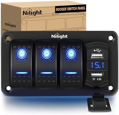 Nilight 3 Gang Rocker Switch Panel with 4.8 Amp Dual USB Charger Voltmeter Night Glow Stickers Waterproof 12V 24V DC Switches for Cars Trucks Boats RVs, 2 Years Warranty,Blue