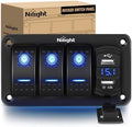 Nilight 3 Gang Rocker Switch Panel with 4.8 Amp Dual USB Charger Voltmeter Night Glow Stickers Waterproof 12V 24V DC Switches for Cars Trucks Boats RVs, 2 Years Warranty,Blue