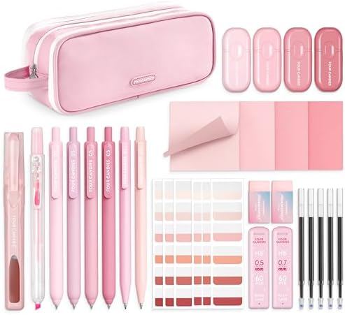 Four Candies Cute Aesthetic Pink School Supplies Kit for Girls | College Supplies and Nursing Essentials Pens, Highlighters, Mechanical Pencils, Sticky Notes for Students, Journaling