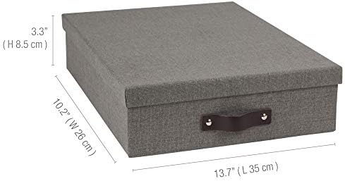 Bigso Oskar Canvas Fiberboard Document Letter Box - File Organizer Box for Important Paperwork - Document Storage with a Lid & Leather Handle - 3.3 in x 10.2 in x 13.8 in - Gray