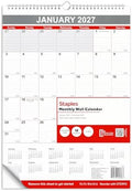 2027 Staples 12" x 17" Monthly Wall Calendar, White/Red/Gray