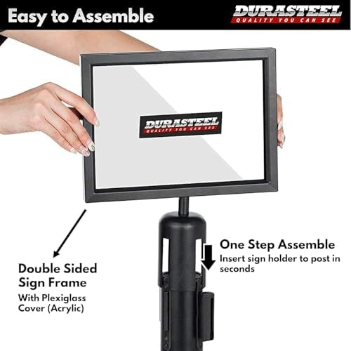 DuraSteel Stanchion Sign Holder 8.5" x 11" Paper Size - Double Sided Landscape Display w/Plexiglass Cover - Black Stanchions Crowd Control Metal Outdoor Sign Holder Stand, NOT Fit US Weight Stantions