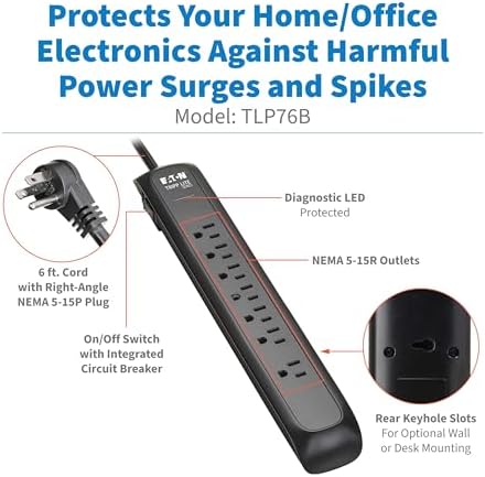 Eaton Tripp Lite Series TLP76B Surge Protector Power Strip with Flat Extension Cord Plug, 7 Outlets, 1500 Joules, 6ft Power Cable, Black, Manufacturer's Liftime Warranty & $25,000 Insurance