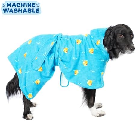 Barkbox Dog Bathrobe Fast Drying with Hook and Loop Closure & Wrap Tie Snuggle, Cute Dogs Clothes, Easy to Clean, Machine Washable, Dog Coats and Tumble Dry Low - Rubber Duck, Large