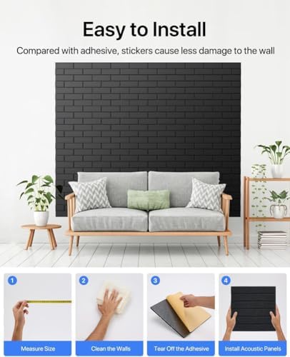Large Self-Adhesive Cork Board,Set of 12 Soundproof Wall Tiles,Felt Wall Cushion for Home,Studio,Recording Room,Office,Acoustic Treatment (Black)
