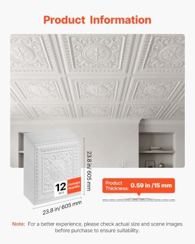 VEVOR 24 x 24 in PVC Ceiling Tiles 12-Pack White 3D Geometric Panels, Smooth PVC Sheet for Drop Grid only, Impact-Resistant, Paintable Surface, Easy Cut, Modern Decorative Style for Home, Office