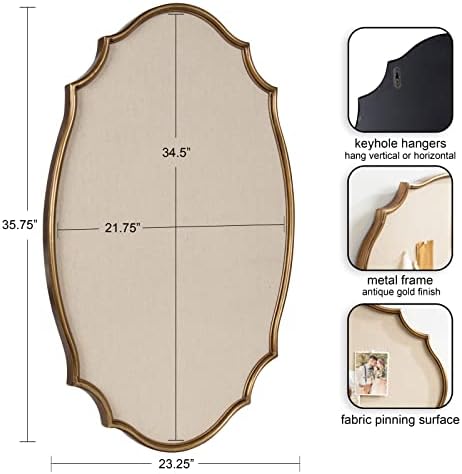 Kate and Laurel Leanna Decorative Scalloped Metal Pinboard; 24 x 36; Gold; Framed Rounded Oval Vintage Bulletin Board for Unique Display; Organization; and Decor