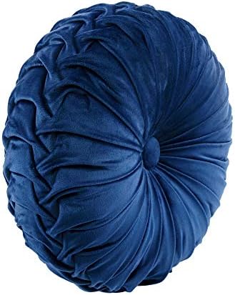 Lush Decor Round Pleated Soft Velvet Decorative Throw Pillow, 1 Count, 15" Diameter, Navy - Blue Plush Round Pillow, Seat Cushion, Decorative Pillows for Bed, Couch, Or Chair (Pack of 2)
