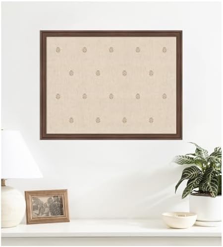 Kate and Laurel Framed Fabric Pinboard 26 x 20, Beige Botanical Block Print Printed Linen Classic Bulletin Board for Use as a Vision Board or Wall Organization, Florence Medium Brown Frame