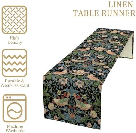 William Morris Floral Table Runner, Strawberry Thief Birds in Green and Blue Table Runner for Home Kitchen Dining Table Decoration,13x36 Inch
