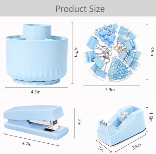 Office Supplies,School Supplies,Blue Desk Accessories,Desk Organizer,Scissors,Stapler,Tape Dispenser,Binder Clips,Staples,Staple Remover,Sticky Notes,Clear Tape,Pen,Ruler,Best Gift,11pcs