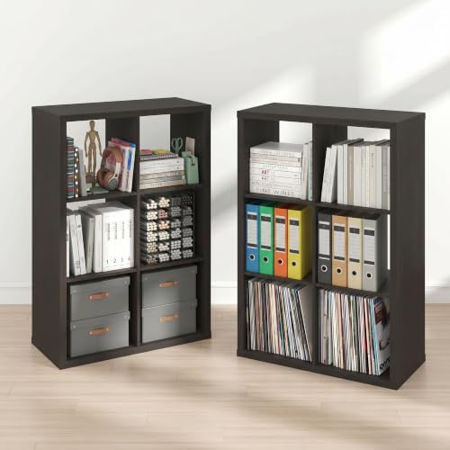 Furinno Cubicle Book Shelf Set of 2, 6-Cube Bookshelf, Black Dark Oak