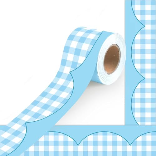 50ft Checkered Bulletin Board Borders, Checkerboard Straight Trim Border with Scalloped Edge Print, Classroom Decor for Chalkboard Whiteboard Back to School Supplies, Blue and White