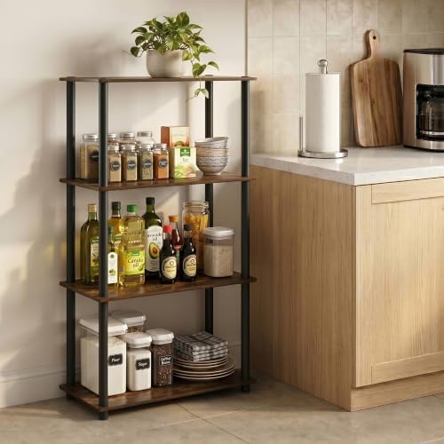 Furinno Turn-N-Tube Storage Shelves, 4-Tier Toolless Book Shelf, Corner Shelf, Toolless Open Shelves, for Organization and Storage, Living Room, Garage, Home Office, Amber Pine
