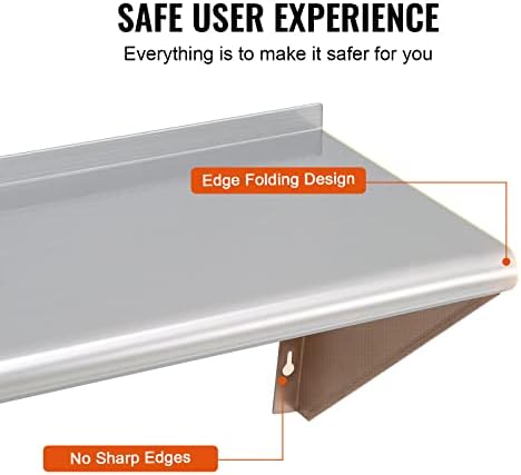 VEVOR 12" x 36" Stainless Steel Shelf, Wall Mounted Floating Shelving with Brackets, 250 lbs Load Capacity Commercial Shelves, Heavy Duty Storage Rack for Restaurant, Kitchen, Bar, Home, and Hotel
