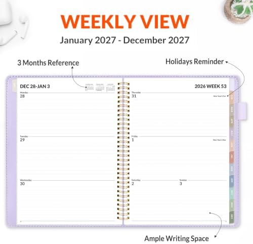 SUNEE 2027 Weekly & Monthly Planner 9"x11.2"- 12 Month (January 2027 - December 2027), Vegan Leather Cover, Pocket, Bookmark, Notes, Monthly Tab, Grey Purple