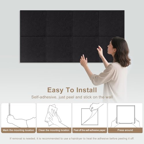 Large Felt Bulletin Board 48" x 36" Self Adhesive Cork Board Alternative 12 Pack Felt Wall Tiles Cork Boards For Walls Thick Slat Wall Panels For Home Office Classroom Decor Pin Board-Black