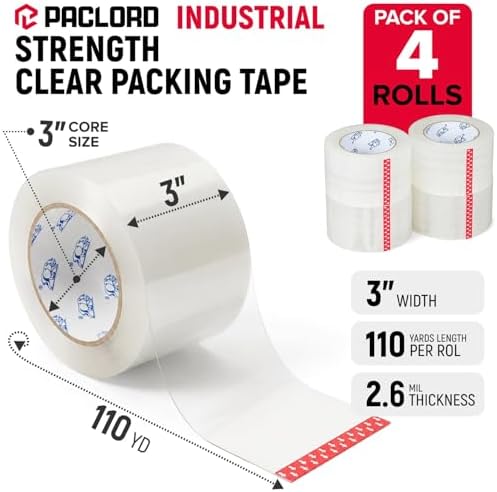 3" x 110 Yards Clear Packing Tape, Pack of 4 - Heavy-Duty 2.6 Mil Thick Carton Sealing Tape with Industrial Strength Adhesion for Packaging, Moving, or Shipping Boxes