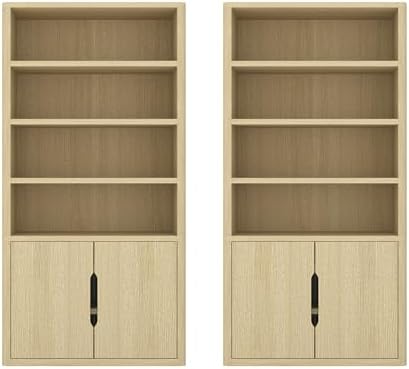 Manhattan Comfort Rivington Bookshelf, 79" Tall 4 Open Shelve Bookcase with Adjustable Shelves, Soft Close Doors for Living Room or Home Office, Rounded Corner Storage Cabinet, Set of 2 in Natural Oak