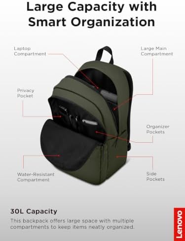 Lenovo 16-inch Commuter Backpack B10, Lightweight 30L Laptop Backpack, Water-Resistant Travel Bag with 6 Storage Compartments, Anti-Theft Pocket & Luggage Strap, Fits Up to 16" Laptop, Green
